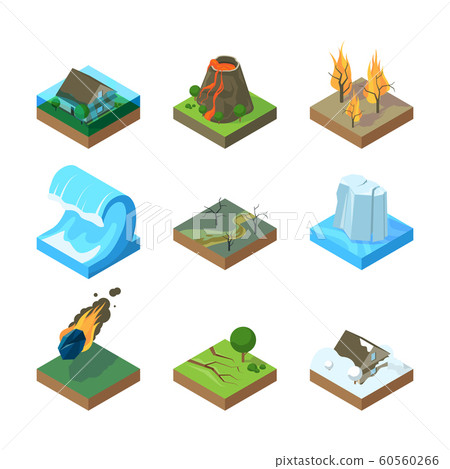 Natural disasters. Vulcano tornado thunderstorm fire in forest water flood tsunami vector isometric illustrations Natural disasters. Vulcano tornado thunderstorm fire in forest water flood tsunami vector isometric illustrations 60560266