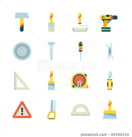 Construction icon. Building industry equipment crane roulette paint saw hammer vector flat pictures collection 60560310
