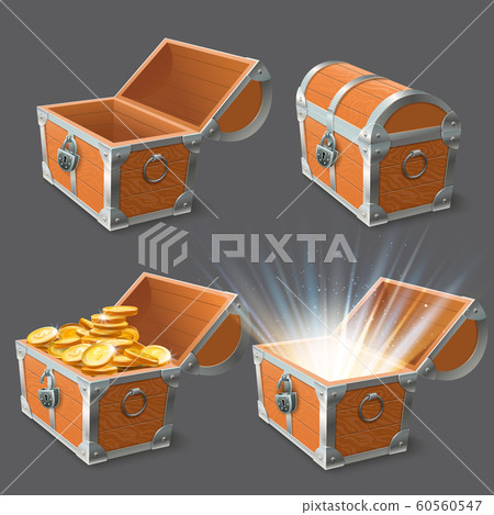 Wooden chest. Treasure coffer, old shiny gold case and lock closed or open empty chests 3d vector illustration set Wooden chest. Treasure coffer, old shiny gold case and lock closed or open empty chests 3d vector illustration set 60560547