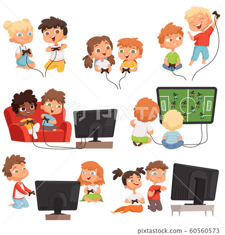 Video gaming. Peoples kids boys and girls console videogaming with controllers joystick gamepad funny vector childrens Video gaming. Peoples kids boys and girls console videogaming with controllers joystick gamepad funny vector childrens 60560573