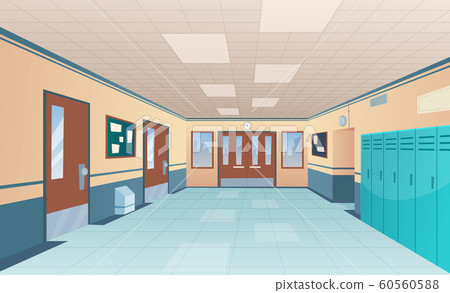 School corridor. Bright college interior of big hallway with doors classroom with desks without kids vector cartoon picture 60560588
