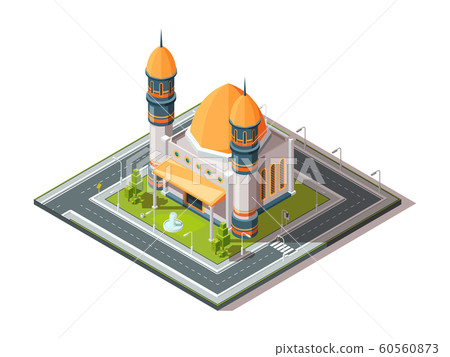Mosque in city. Islamic muslim religion architectural object in urban landscape vector isometric 60560873