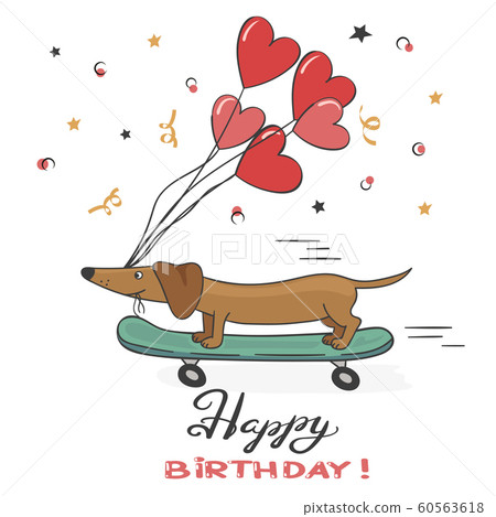 Greeting card with cute dachshund dog and balloons. 60563618
