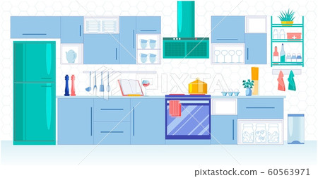 Kitchen for Large Family in Blue Shades, Vector. 60563971
