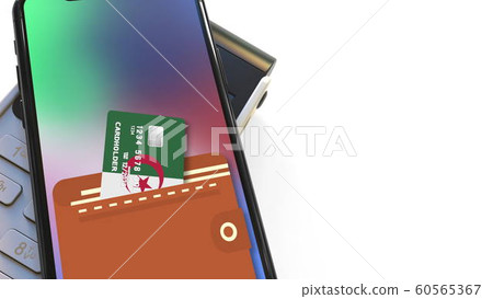 Payment terminal and flag of Algeria on the virtual credit card in smartphone. National retail or mobile payment related 3D rendering 60565367