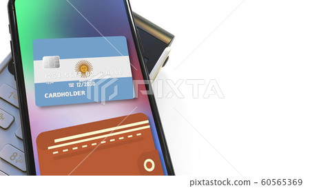 Payment terminal and flag of Argentina on the virtual credit card in smartphone. National retail or mobile payment related 3D rendering 60565369