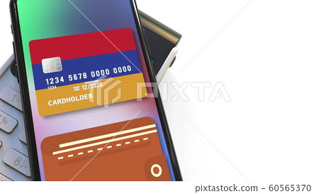 POS terminal and flag of Armenia on the virtual credit card in smartphone. National retail or mobile payment related 3D rendering 60565370