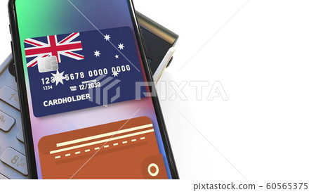 POS terminal and flag of Australia on the virtual credit card in smartphone. National retail or mobile payment related 3D rendering 60565375