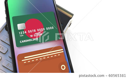 POS terminal and flag of Bangladesh on the virtual credit card in smartphone. National retail or mobile payment related 3D rendering POS terminal and flag of Bangladesh on the virtual credit card in smartphone. National retail or mobile payment related 3D rendering 60565381