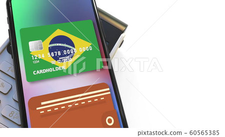 POS terminal and flag of Brazil on the virtual credit card in smartphone. National retail or mobile payment related 3D rendering POS terminal and flag of Brazil on the virtual credit card in smartphone. National retail or mobile payment related 3D rendering 60565385