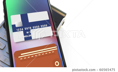 Payment terminal and flag of Finland on the virtual credit card in smartphone. National retail or mobile payment related 3D rendering 60565475