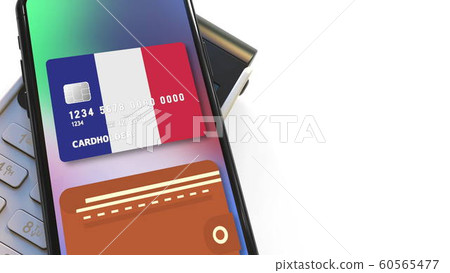Payment terminal and flag of France on the virtual credit card in smartphone. National retail or mobile payment related 3D rendering 60565477