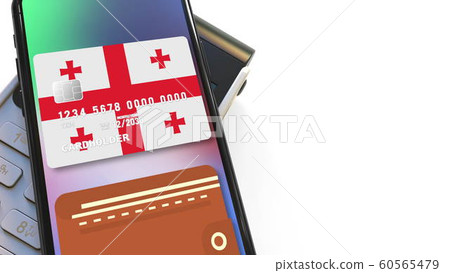 Payment terminal and flag of Georgia on the virtual credit card in smartphone. National retail or mobile payment related 3D rendering 60565479
