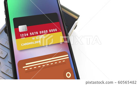 Payment terminal and flag of Gemany on the virtual credit card in smartphone. National retail or mobile payment related 3D rendering 60565482