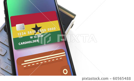 Payment terminal and flag of Ghana on the virtual credit card in smartphone. National retail or mobile payment related 3D rendering Payment terminal and flag of Ghana on the virtual credit card in smartphone. National retail or mobile payment related 3D rendering 60565488