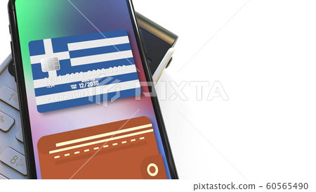 Payment terminal and flag of Greece on the virtual credit card in smartphone. National retail or mobile payment related 3D rendering 60565490