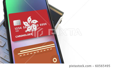 Payment terminal and flag of Hong Kong on the virtual credit card in smartphone. National retail or mobile payment related 3D rendering 60565495
