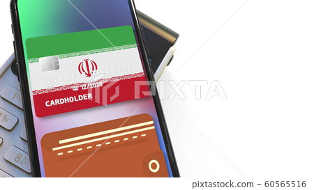 POS terminal and flag of Iran on the virtual credit card in smartphone. National retail or mobile payment related 3D rendering 60565516