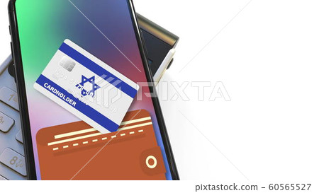 POS terminal and flag of Israel on the virtual credit card in smartphone. National retail or mobile payment related 3D rendering 60565527