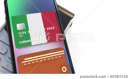 POS terminal and flag of Italy on the virtual credit card in smartphone. National retail or mobile payment related 3D rendering 60565530