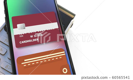 POS terminal and flag of Latvia on the virtual credit card in smartphone. National retail or mobile payment related 3D rendering 60565541