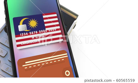 POS terminal and flag of Malaysia on the virtual card in modern smartphone. National retail or mobile payment related 3D rendering 60565559