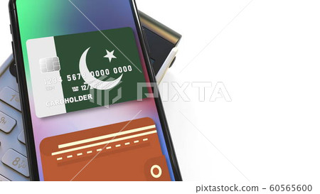 POS terminal and flag of Pakistan on the virtual card in modern smartphone. National retail or mobile payment related 3D rendering POS terminal and flag of Pakistan on the virtual card in modern smartphone. National retail or mobile payment related 3D rendering 60565600