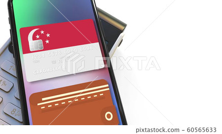 Payment terminal and flag of Singapore on the virtual card in modern smartphone. National retail or mobile payment related 3D rendering Payment terminal and flag of Singapore on the virtual card in modern smartphone. National retail or mobile payment related 3D rendering 60565633