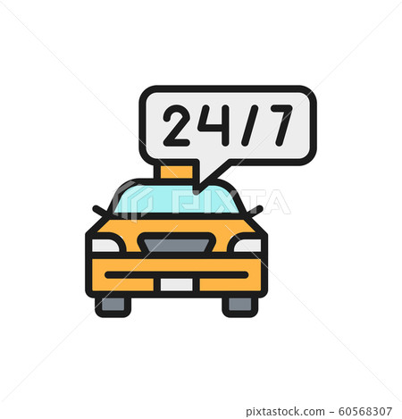 Round-the-clock taxi service, car deadline, schedule ride flat color line icon. Round-the-clock taxi service, car deadline, schedule ride flat color line icon. 60568307