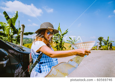 woman travel relaxing nature mountain map woman travel relaxing nature mountain map 60569746