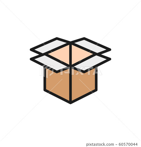 Open cardboard box, paper garbage flat color line icon. 60570044