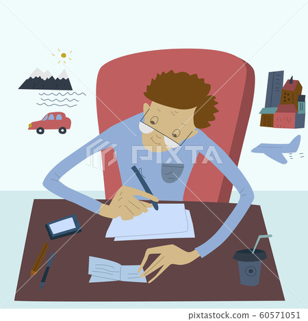 Man sitting at his a desk and writes about travel. 60571051