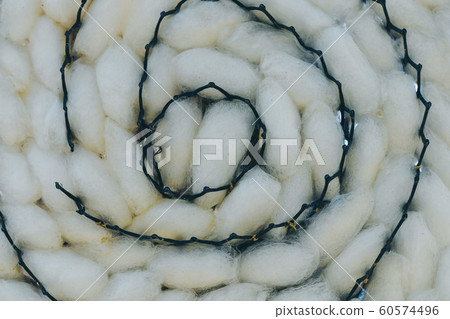 Close up to natural white silkworm cocoon shell in black plastic weave tray. Silkworm cocoon background. Close up to natural white silkworm cocoon shell in black plastic weave tray. Silkworm cocoon background. 60574496