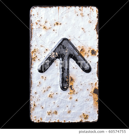 Symbol up arrow made of forged metal on the background fragment of a metal surface with cracked rust. Symbol up arrow made of forged metal on the background fragment of a metal surface with cracked rust. 60574755