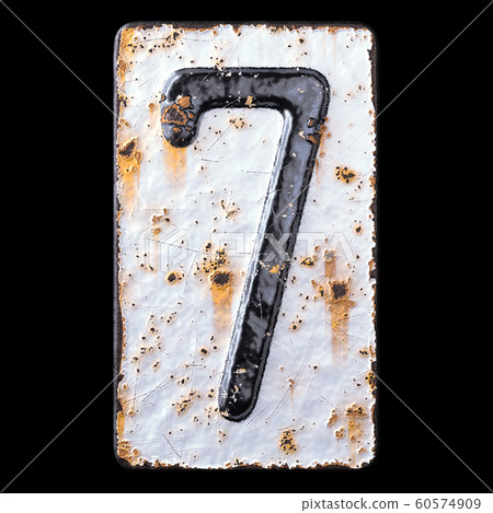 Number 7 made of forged metal on the background fragment of a metal surface with cracked rust. Number 7 made of forged metal on the background fragment of a metal surface with cracked rust. 60574909
