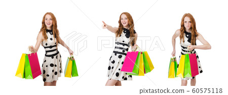 Young woman with shopping bags on white 60575118