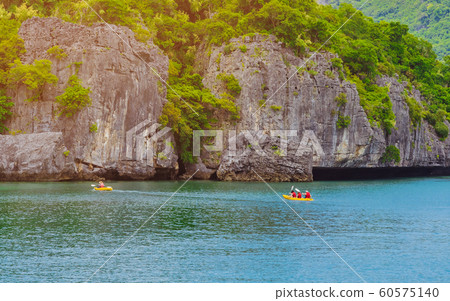 Tourist kayaking in blue Idyllic turquoise ocean to explore near the island with lush green jungle trees and lime stone mountains at Ang Thong National Marine Park, Thailand. 60575140