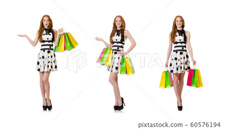 Young woman with shopping bags on white 60576194