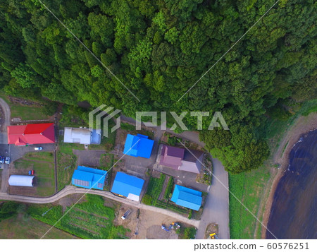 Village on the lakeside ~ aerial view with drone (Lake Inawashiro, West Bank / Fukushima Prefecture Aizu Wakamatsu city Omachi Akai character residence) 60576251