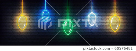 New Year background with neon Christmas balls. Set of realistic colorful Xmas glowing decorations New Year background with neon Christmas balls. Set of realistic colorful Xmas glowing decorations 60576491