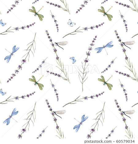 Watercolor seamless pattern with colorful dragonflies and lavanda flowers. Stock illustration. White background. Watercolor seamless pattern with colorful dragonflies and lavanda flowers. Stock illustration. White background. 60579034