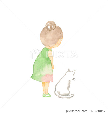Bowing girl and white cat Bowing girl and white cat 60580057