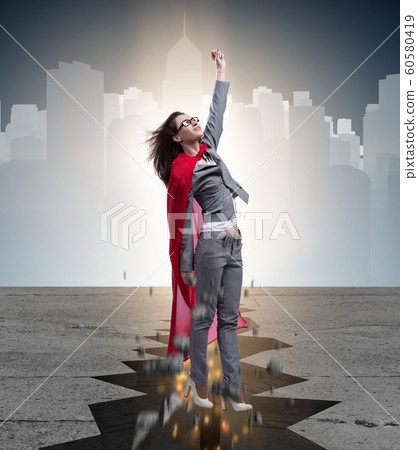 Superhero businesswoman escaping from difficult situation Superhero businesswoman escaping from difficult situation 60580419