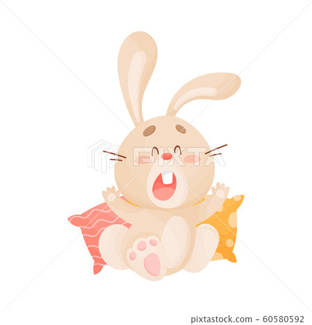 Cartoon Sleepy Hare Sitting on Pillow and Yawning Vector Illustration 60580592