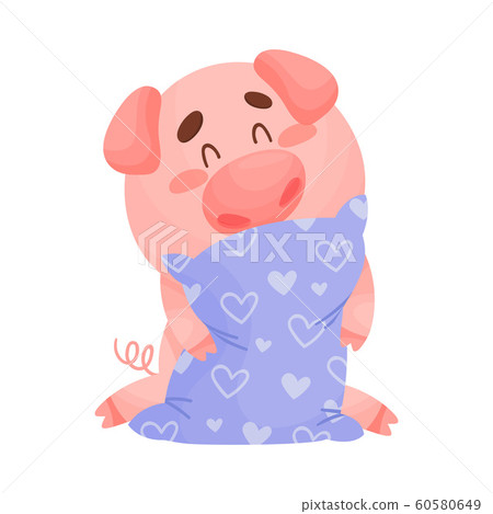 Cartoon Sleepy Pig Holding Pillow and Yawning Vector Illustration 60580649