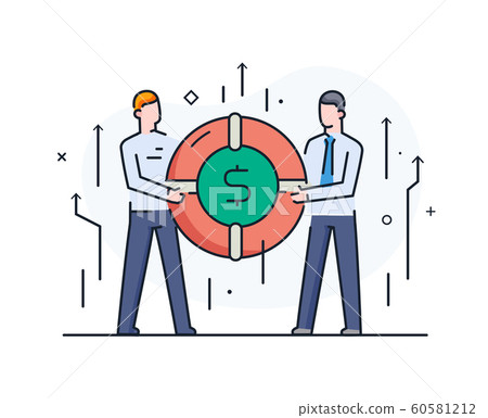 Businessmen team hold a huge dollar coin. Way to Businessmen team hold a huge dollar coin. Way to 60581212