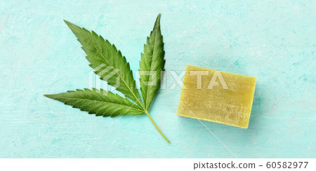 A cannabis leaf with homemade hemp soap bar panorama, shot from the top on a teal blue background A cannabis leaf with homemade hemp soap bar panorama, shot from the top on a teal blue background 60582977