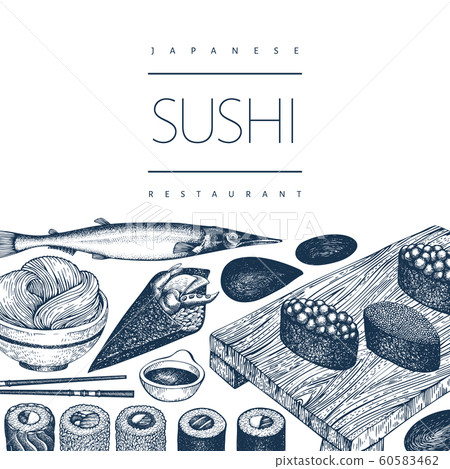 Japanese cuisine design template. Sushi hand drawn Japanese cuisine design template. Sushi hand drawn 60583462