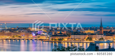 Stockholm, Sweden. Night Skyline With Famous Landmarks. Panorama, Panoramic View Of Stockholm Cityscape. Famous Landmarks, UNESCO World Heritage Site Stockholm, Sweden. Night Skyline With Famous Landmarks. Panorama, Panoramic View Of Stockholm Cityscape. Famous Landmarks, UNESCO World Heritage Site 60585160