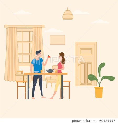 Smiling man and woman standing in kitchen, eating snacks and feeding each other. Happy boy and girl having breakfast lunch. Cute couple enjoying food together. Flat cartoon vector illustration. 60585557